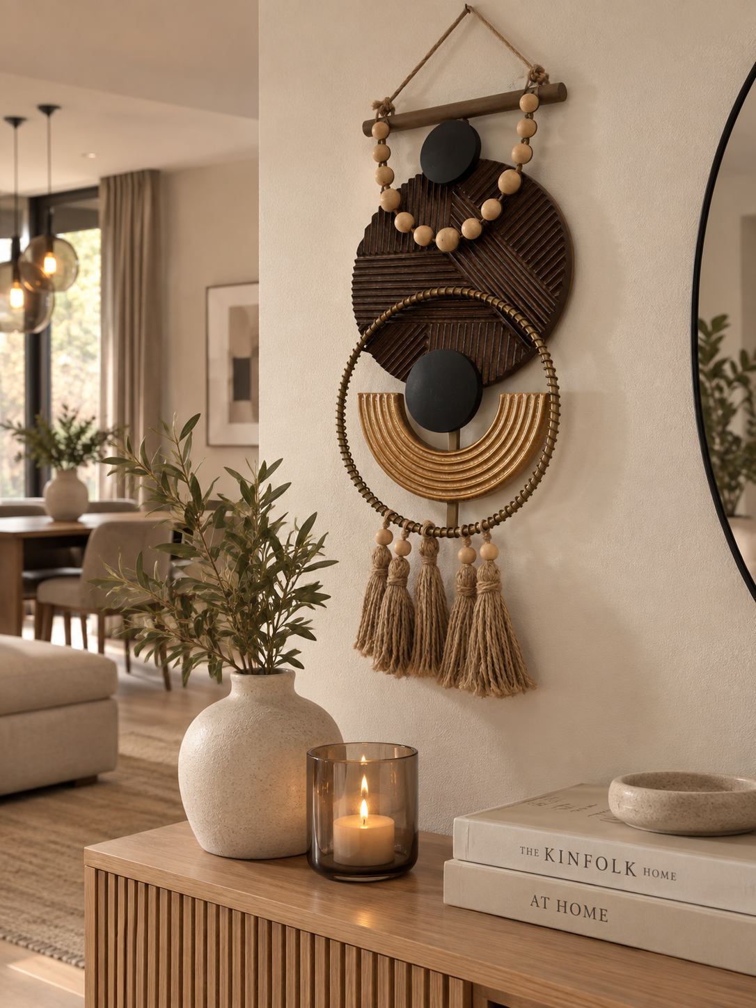 Boho – Metall-Wanddekoration mit Holz & Quasten